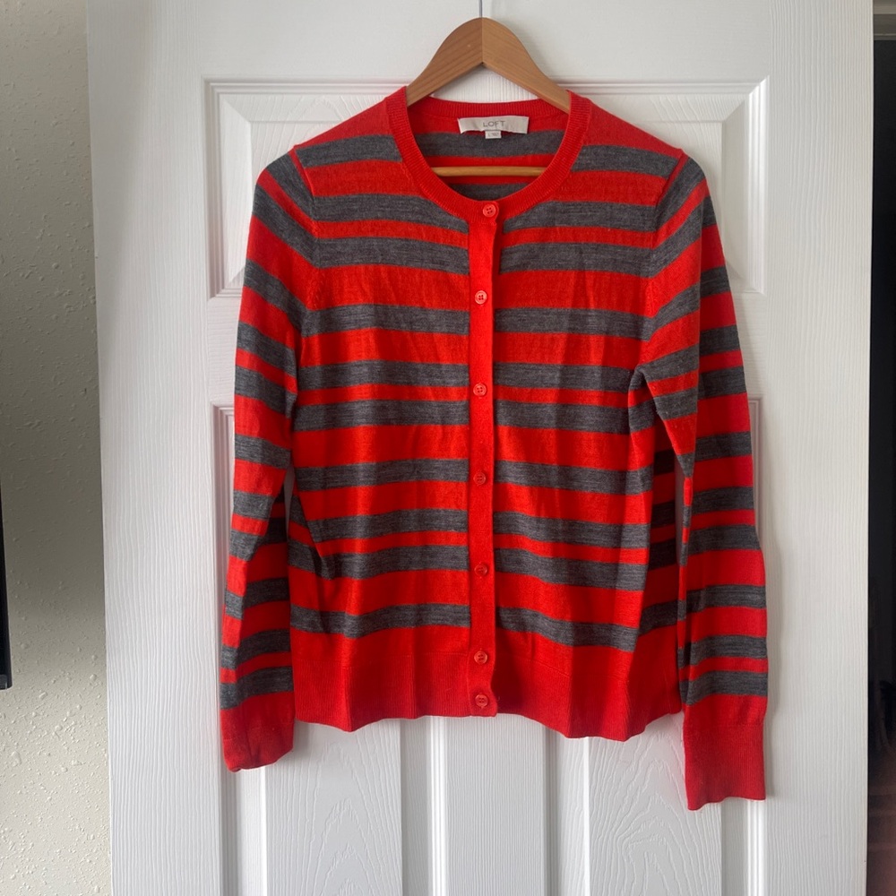 LOFT Red and Gray Striped Cardigan